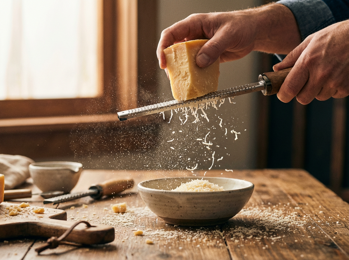 北海道チーズ・卵のクローズアップ/チーズを削る手元